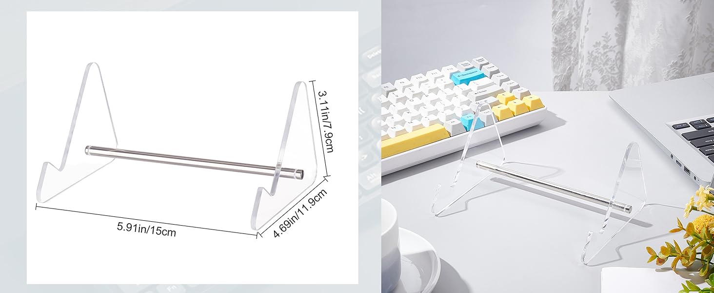 Technical diagram and product photo of a clear acrylic laptop stand or riser, showing measurements and desktop setup context.