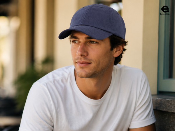 young men wearing a plain blank washed Navy unstructured dad hat at a modern coffee shop
