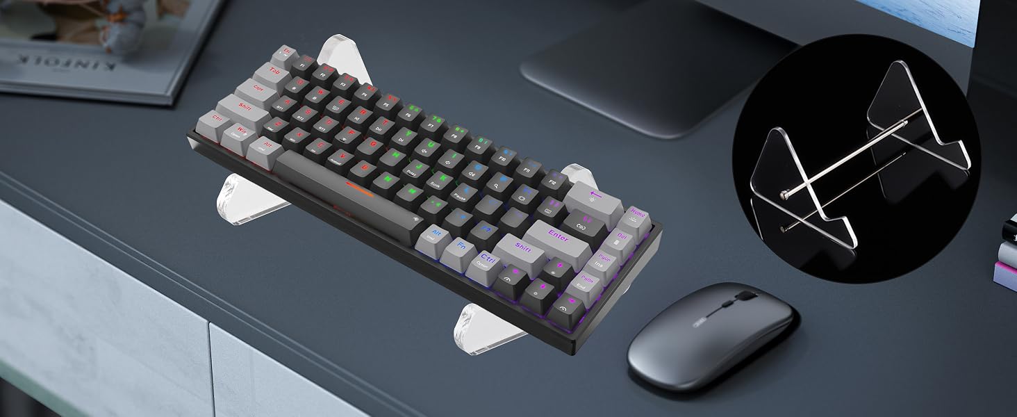 Compact mechanical keyboard with RGB backlit keys on a dark desk surface, accompanied by a wireless mouse. A circular diagram shows arrow patterns in the background.