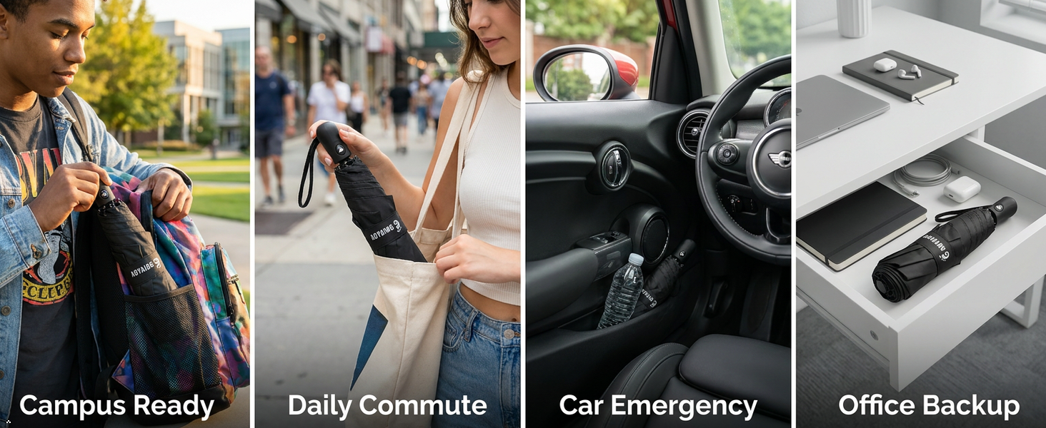 Four lifestyle panels: Campus student with backpack, Commute with phone, In-Car storage, Office desk