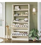 IRONCK Tall Shoe Cabinet with 2 Flip Drawers, Narrow Hidden Shoe Storage Cabinet with Shelves, Sl...