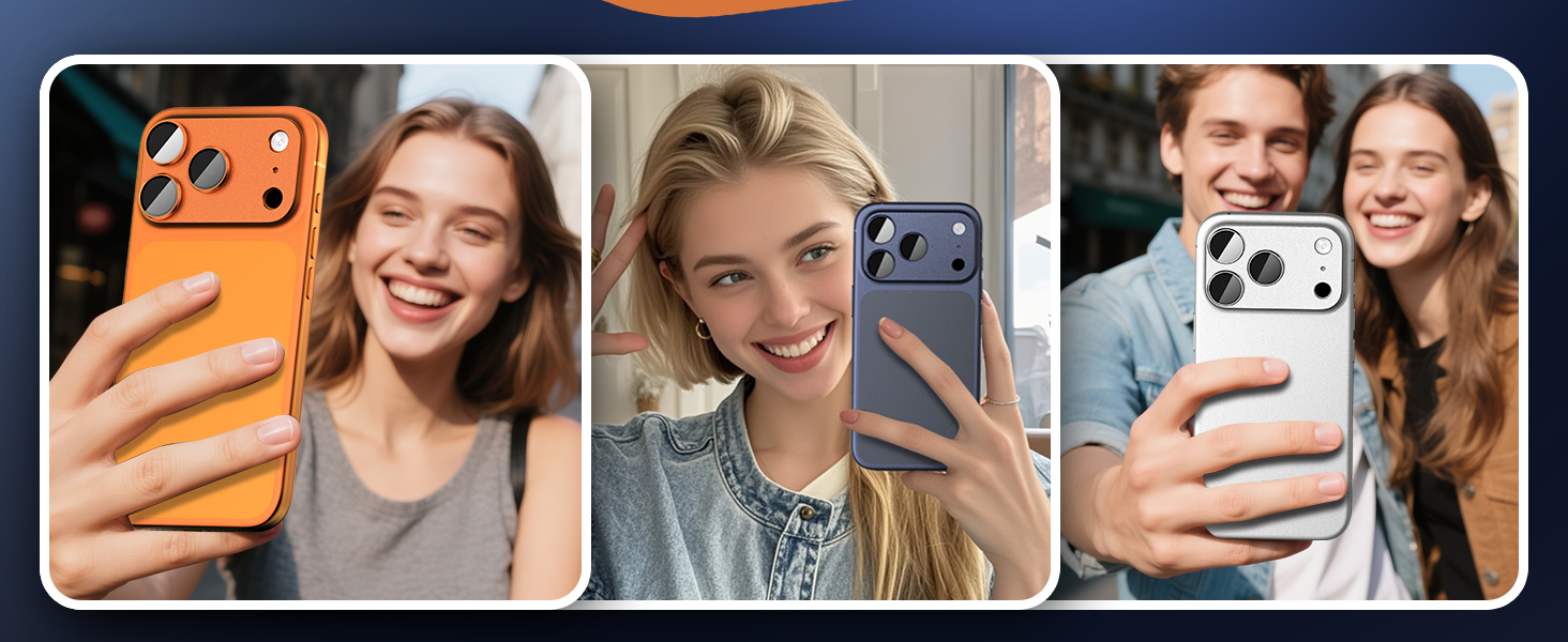 Three-panel image showing smartphone cases in orange and panda design. Demonstrates phone case usage in selfie-style photography.