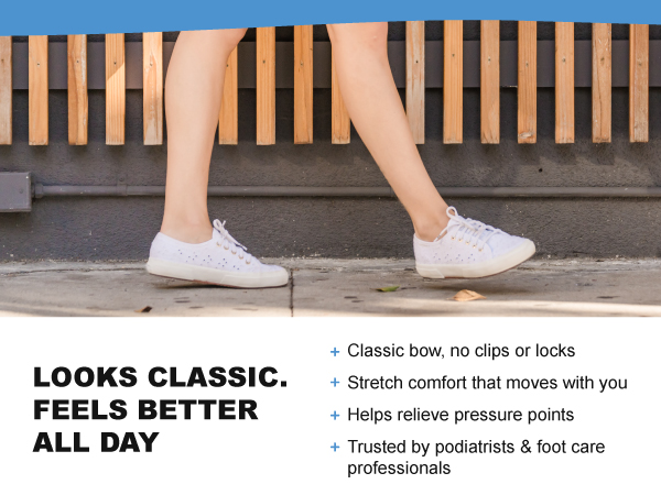 Elastic shoelaces with a classic bow, all-day stretch comfort, and no hardware.