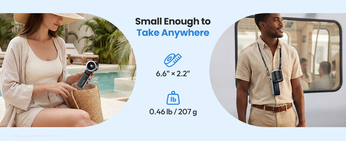 Text reads 'Small Enough to Take Anywhere 6.0" x 2.2" 0.44 lb / 207 g'. Portable device held in outdoor setting and worn on shoulder strap in indoor setting, demonstrating compact size and lightweight specifications.