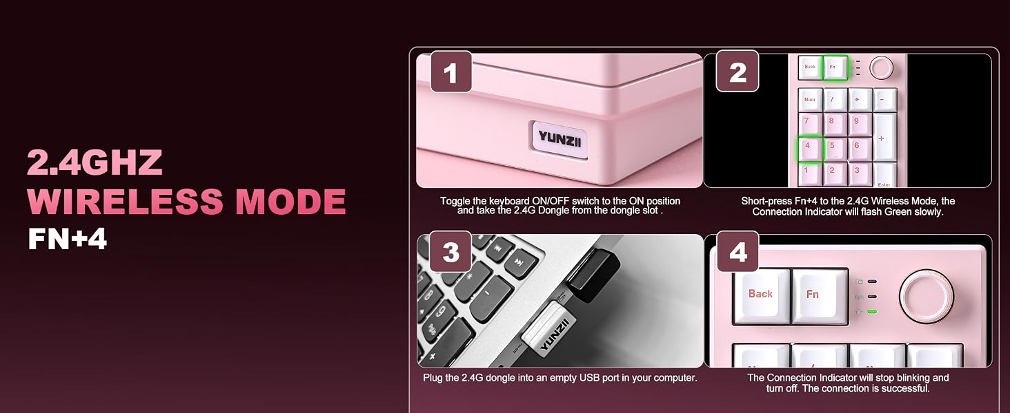 Text reads "2.4GHZ" "WIRELESS MODE" "FM44" with four detailed product images showing pink electronic device components, wireless receiver, control interface, and technical specifications panels.