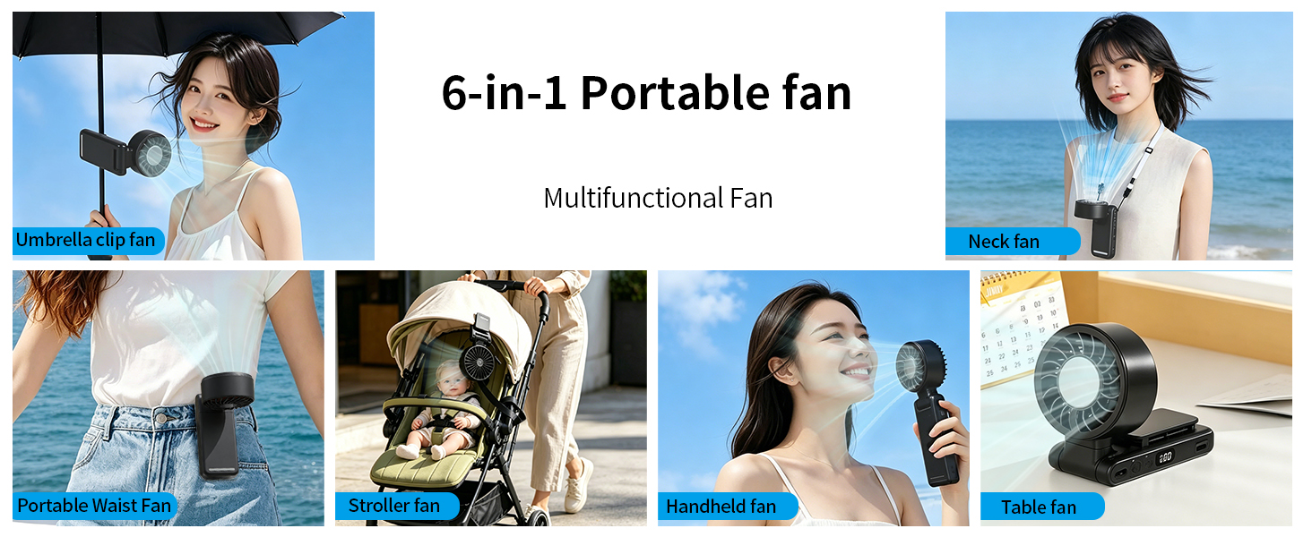 Text reads '6-in-1 Portable fan' and 'MULTIFUNCTIONAL FAN'. Composite showing portable fan device used in multiple settings: held by person outdoors, mounted on desk, used while traveling, and in various indoor/outdoor scenarios.