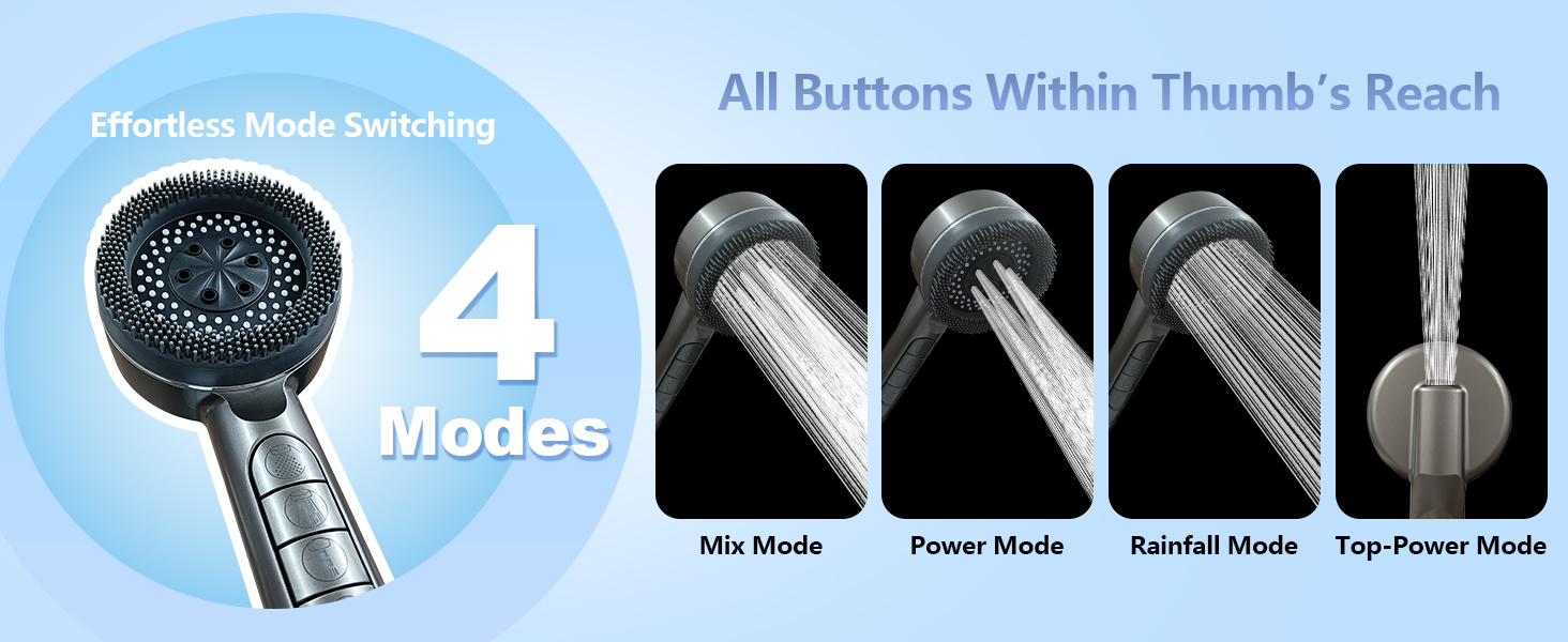 4 Effortless Mode Switching Mix Mode ;Power Mode; Rainfall Mode ; Top-Power Mode