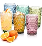 Topsky Highball Drinking Glasses Set of 6,12 oz Colored Glassware with Geometric Diamond Pattern,...