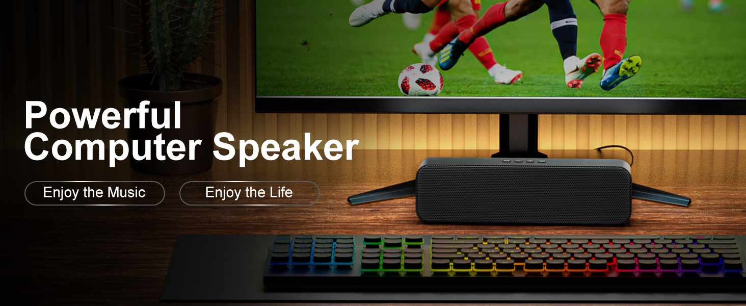 Black computer speaker for desktop PC, USB powered, stereo sound
