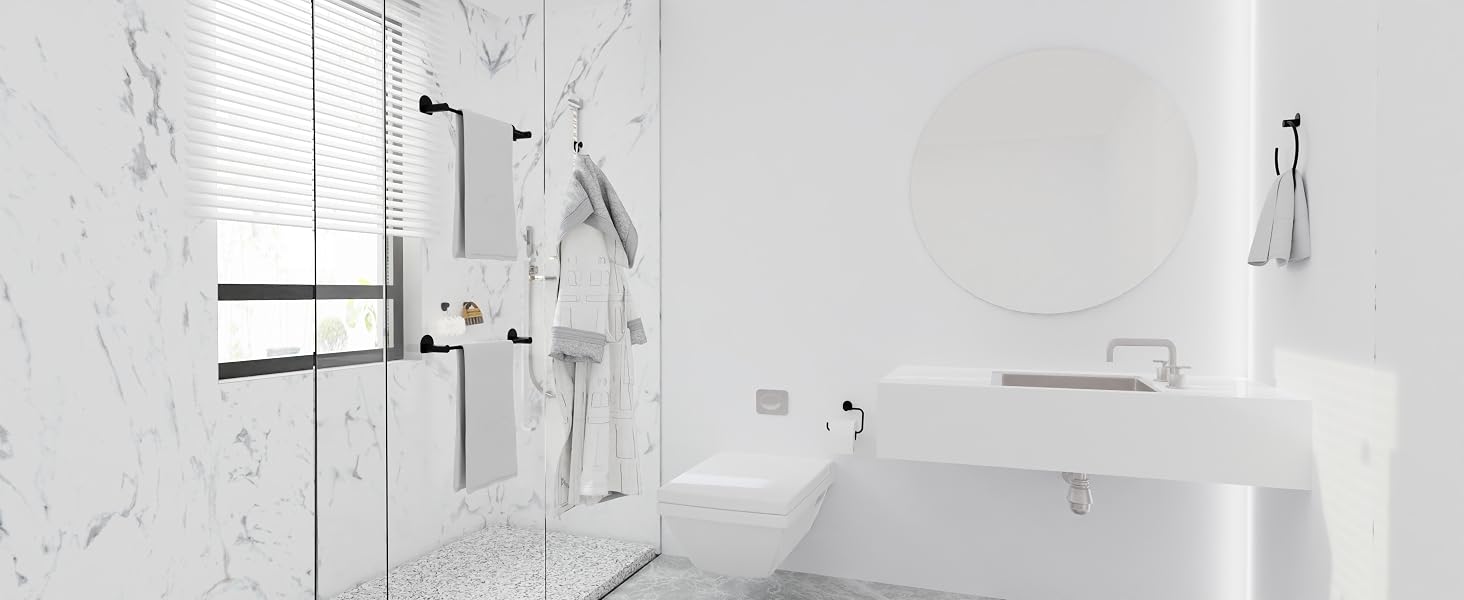 Modern bathroom with wall-mounted black hardware set