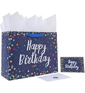 13” Large Blue Happy Birthday Gift Bag Set with Handles, Greeting Card, Tissue Papers and Sticker...
