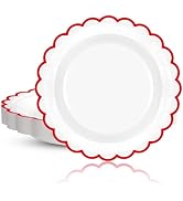 CaliLain 30 Pcs Red and White Paper Plates 7 Inch; White Disposable Plates with Red Trim; Scallop...