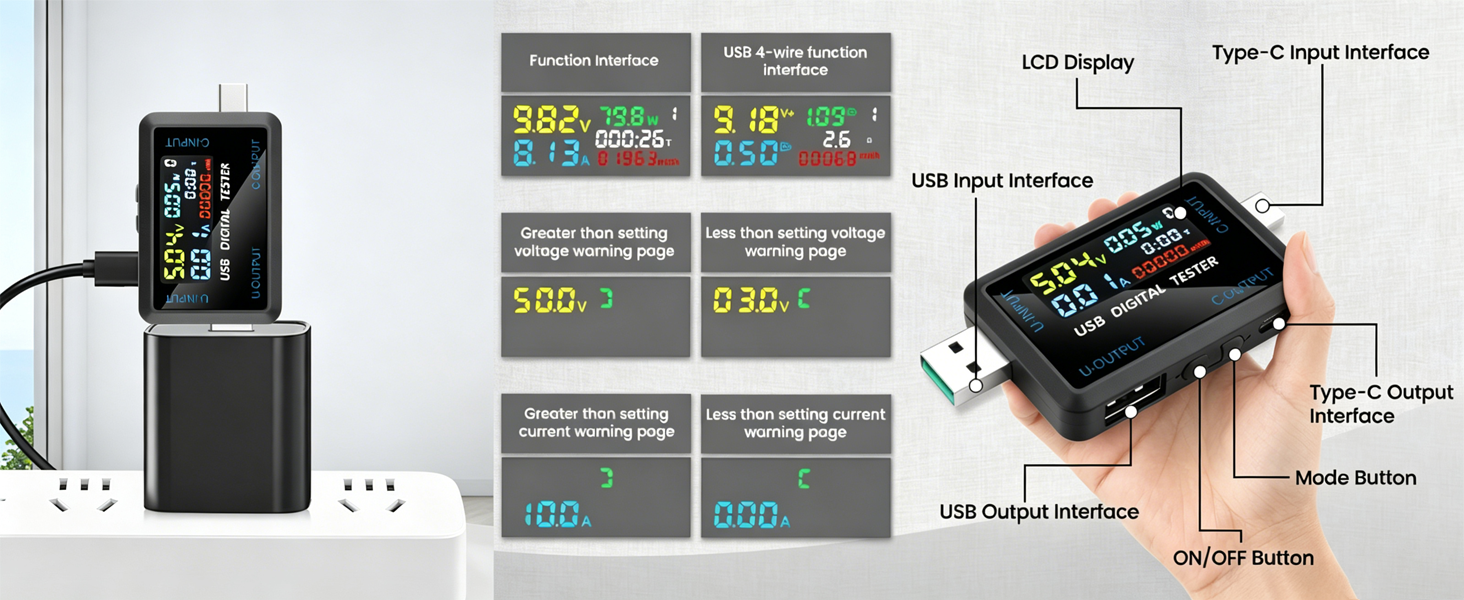 Multi-Functional Digital Tester for DC 4.5-36V, 0-8A Current and Voltage Meter