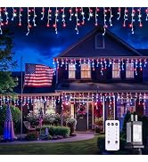 JMEXSUSS Icicle Lights for 4th of July Decor, 400 LED Red White and Blue Icicle Lights for Outsid...