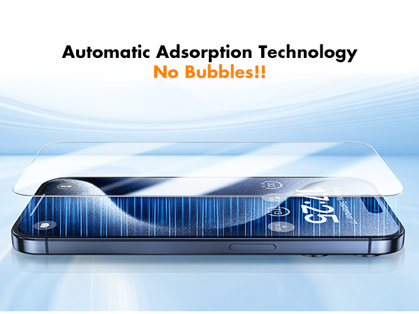 Smartphone screen protector advertising automatic adsorption technology with 'No Bubbles!!' text. Shows a device with blue light emanating from the screen.