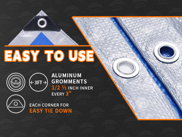 Metal grommets around the edges for better durability; 1/2 inch inner diameter, spaced every 3 feet.