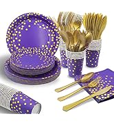 175PCS Purple Birthday Decorations, 25 Guests Purple Gold Paper Plates and Napkins Party Supplies...