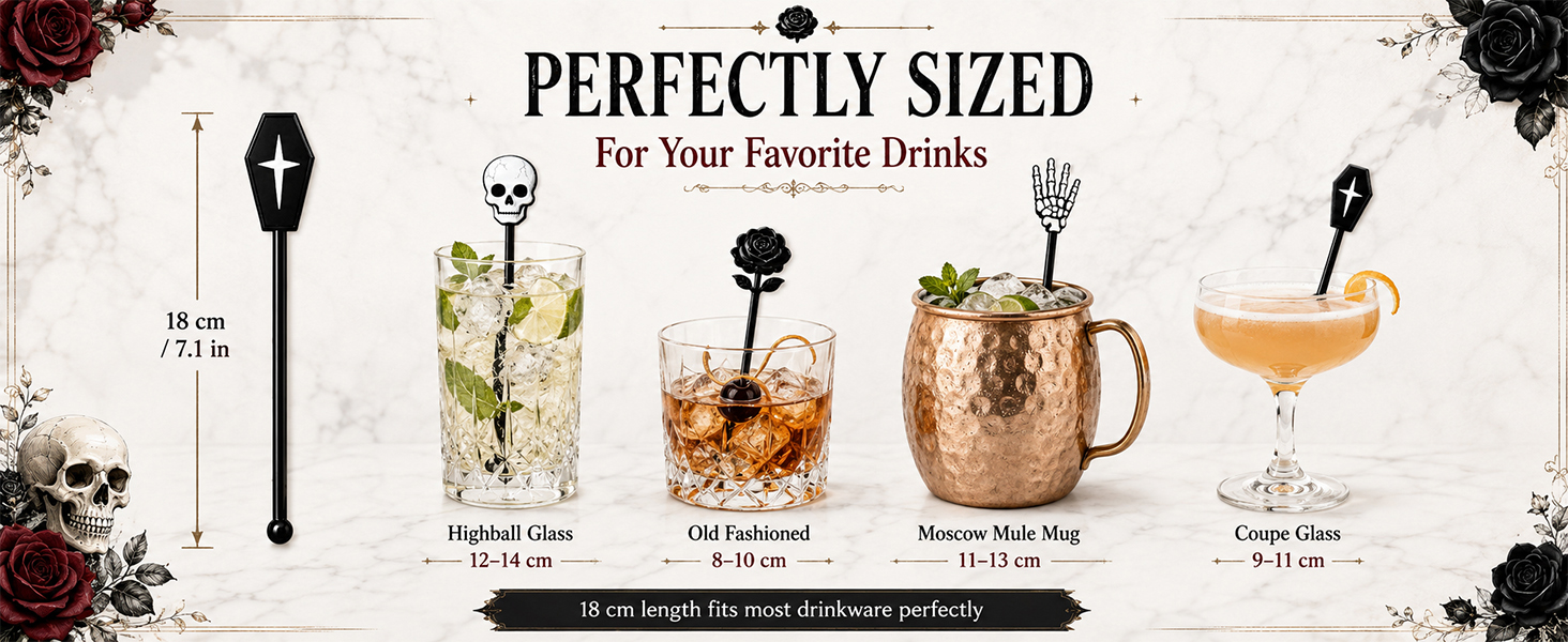 36-Piece Halloween Cocktail Stirrers, 7.1 in, 4 Gothic Designs for cocktails,punch and party bars