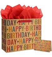 Yusenguan 13" Kraft Happy Birthday Gift Bag, Colorful Lettering & Star Design with Tissue Paper a...