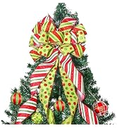 Christmas Tree Topper Wreath Bow Large Green Christmas Bow Tree Topper with Red Green Dot Pattern...