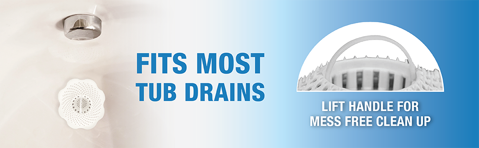 Fits most tub drains. Lift handle for mess free clean up.