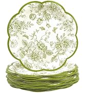 KFJBPB 50Pcs Sage Green Floral Paper Plates 7 Inch, Scalloped Plates Vintage Flower Disposable Ca...