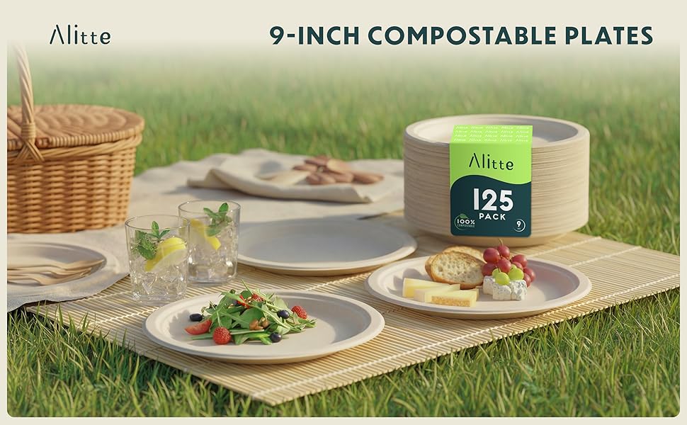 Compostable paper plates made from biodegradable materials for everyday use and parties