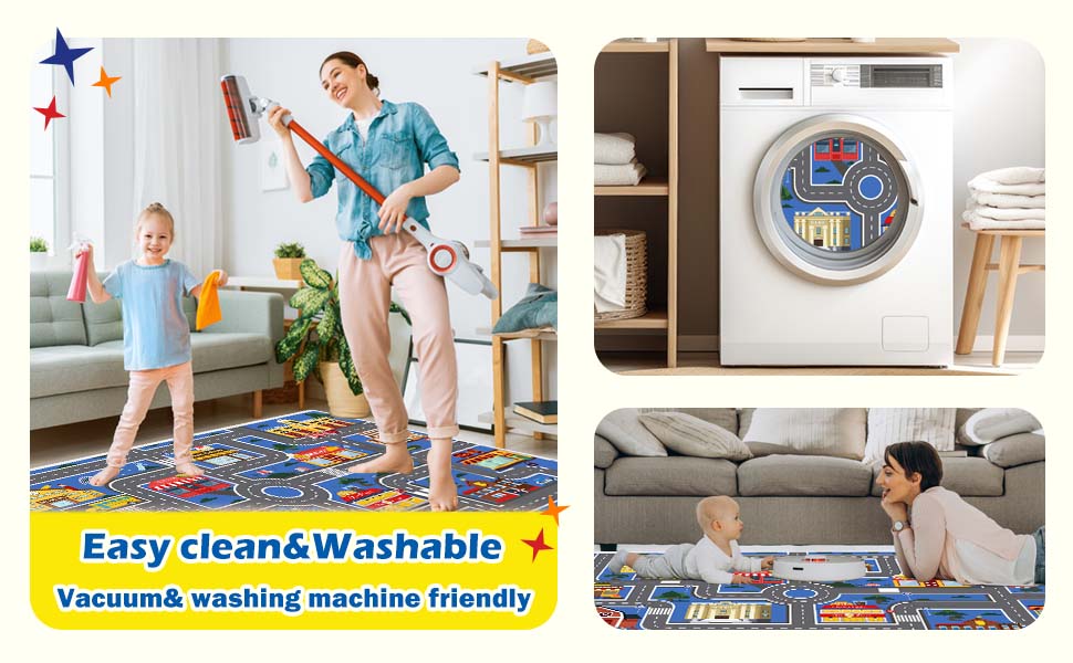 race track rug three ways to clean: vacuum cleaner, washing machine, and sweeping robot.