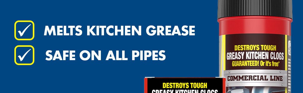 Melts kitchen grease. Safe on all pipes.