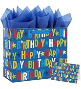 Yusenguan 13" Blue Happy Birthday Gift Bag, Lettering Design with Card, Tissue Paper and Sturdy H...