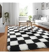 KICMOR Black and White Checkered Rug, 3x5 Fluffy Area Rugs for Bedroom, Fuzzy Furry Shag Shaggy L...