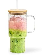 MINGHYZYA 32oz Glass Cups with Handle & Bamboo Lids and Straws, Borosilicate Glass Tumblers for I...