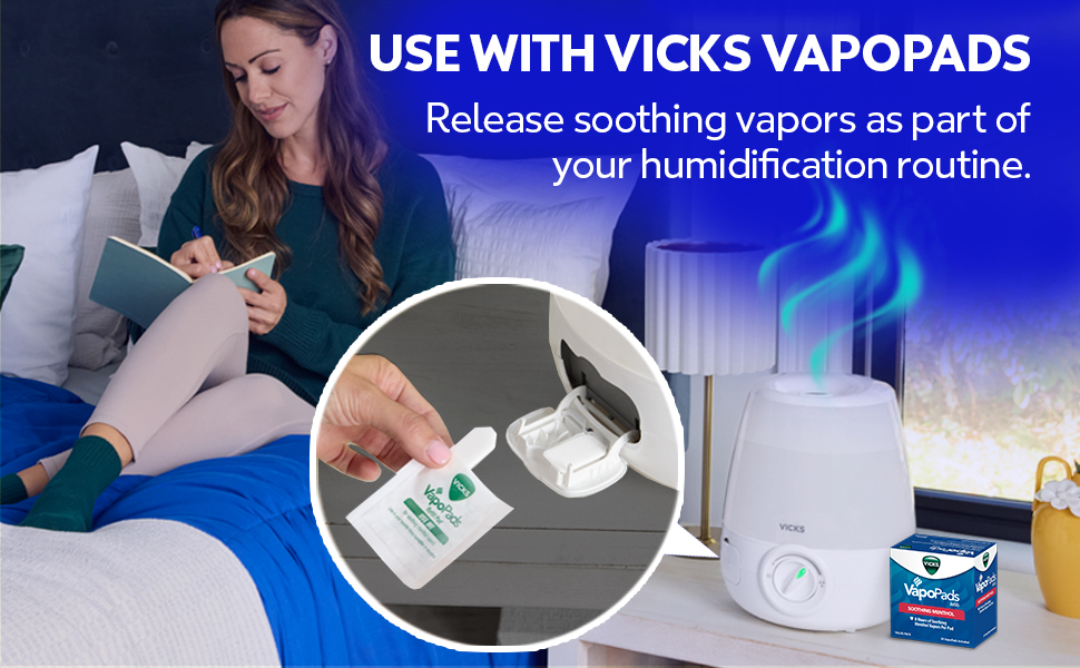 Vicks Humidifier V4600 on the besdside table, text - Use with Vicks Vapopads
