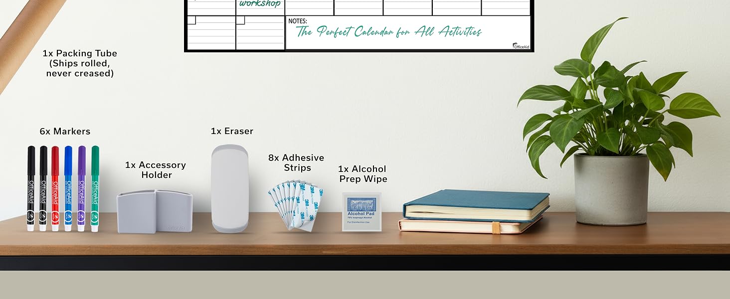 OfficeAid calendar kit with 6 markers, 1 eraser, 8 adhesive strips, holder, and tube