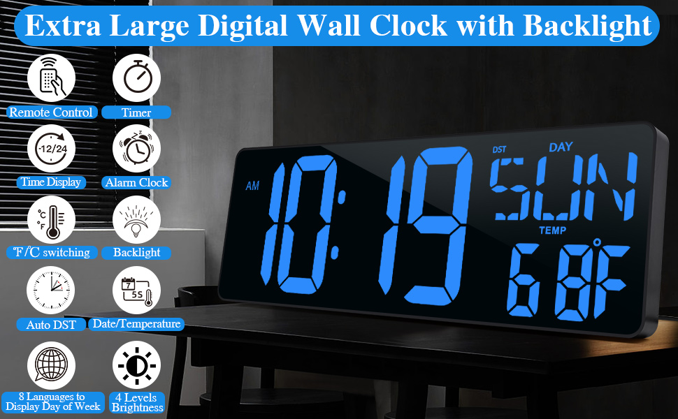 Large LED Digital Wall Clock with Remote Control and Auto-Adjustable Brightness