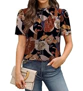 WIHOLL Womens Tops Short Puff Sleeve Shirts Mock Neck Pleated Spring Blouses Dressy Casual Busine...