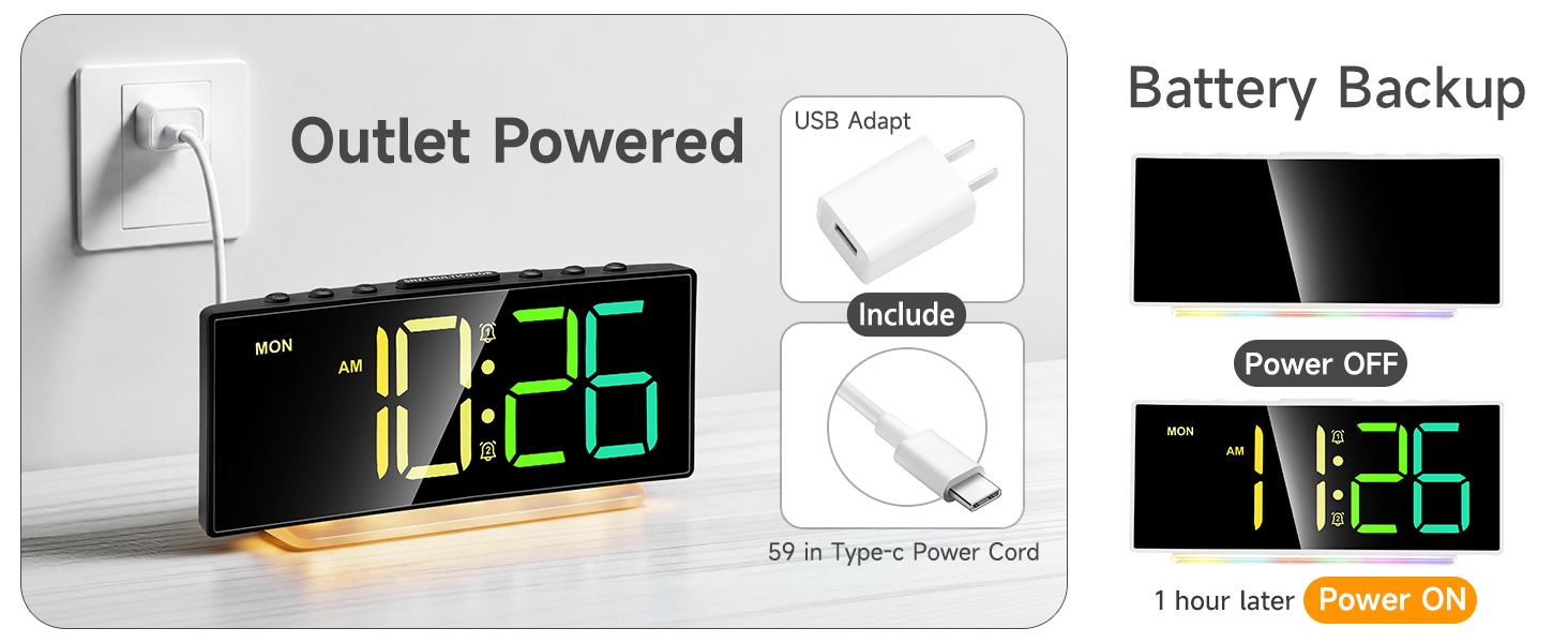 USB power adapter included 59 inch cord outlet powered clock with battery backup for power outage