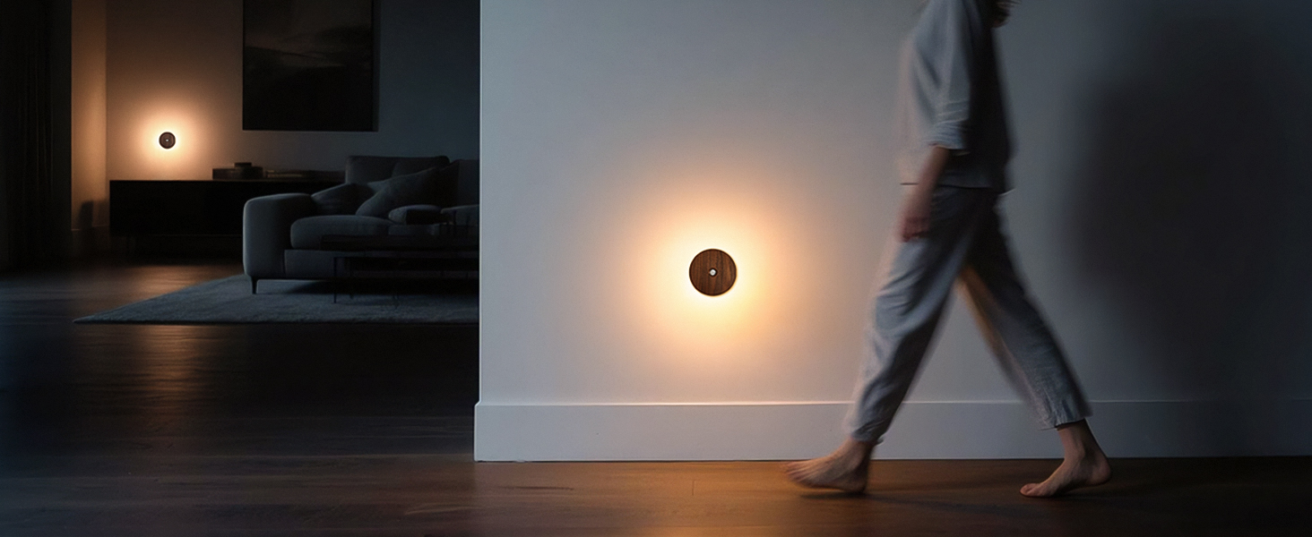 Solid wood motion night light in living room with soft backlight.