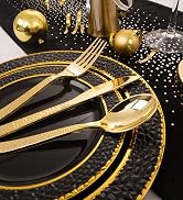 FLOWERCAT 175PCS Black Plastic Plates with Gold Rim & Black and Gold Plates & Gold Plastic Silver...