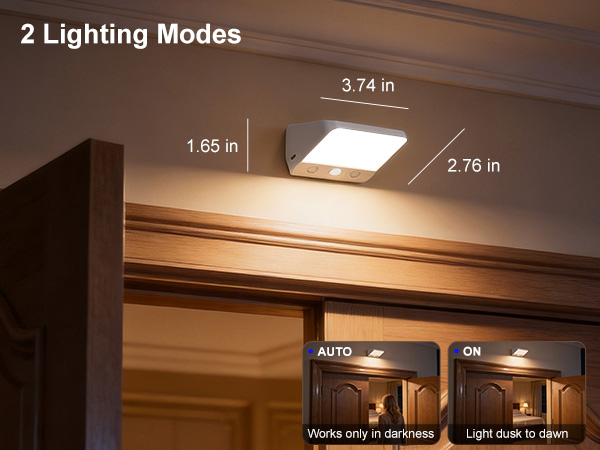 Text reads '2 Lighting Modes' with dimensions '3.74 in', '1.65 in', '2.76 in'. Under-cabinet LED light panel shown in warm lighting, with 'AUTO' and 'ON' mode buttons and text 'Works only in darkness' and 'Light does to open'.