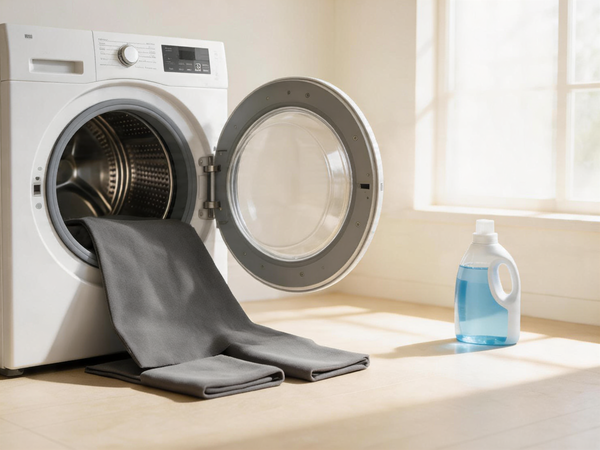 Grey microfiber cloth cleaning car window, faucet, mirror and tablet screen in four square grid