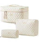 HBselect Quilted Makeup Bag, 3PCS Cotton Large Travel Makeup Bag, Cute Floral Coquette Make up Ba...