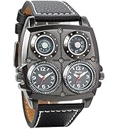 Unique watch with black leather strap featuring four separate time zone dials in a rectangular case with industrial-style design.