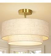 OUTON 16" Semi Flush Mount Ceiling Light Double Drum Gold 3-Light, Modern Linen Fabric Shade Ceil...