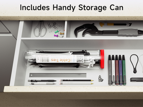 Resealable container for storing nylon cable ties, ideal for organizing and securing cables.