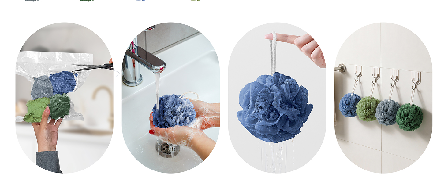The shower ball is approx. 4.5 in, 60g, will revert to its original shape after few uses.