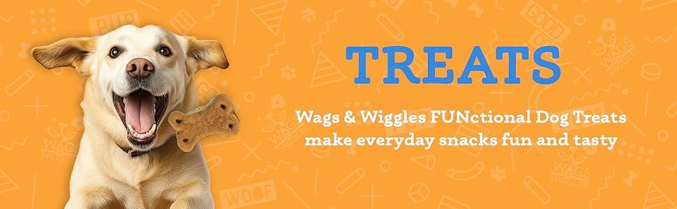 treats banner for wags and wiggles with dog closeup