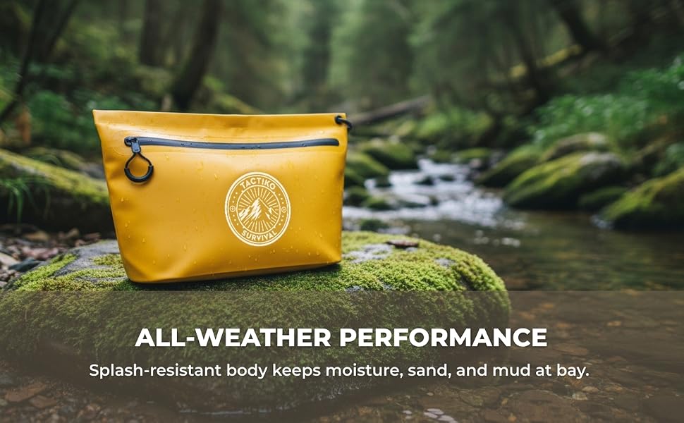 waterproof pouch on a moss rock in the middle of river
