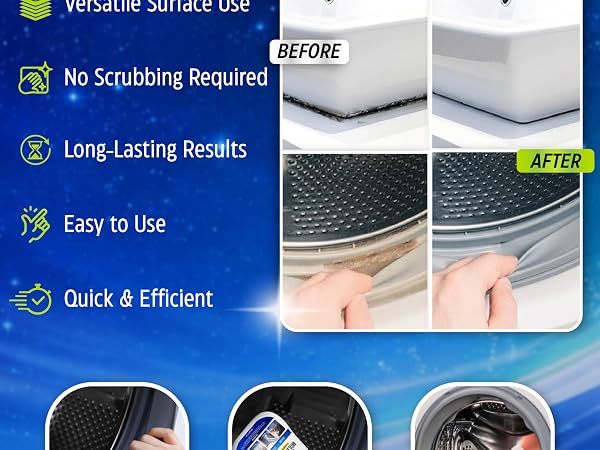 Before and after visuals showing the cleaning power, ease of use and long-lasting results.