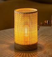 LUSHARBOR Battery Operated Lamp Boho Rattan Table Lamp with Timer, Battery Powered Lamp Bedside C...